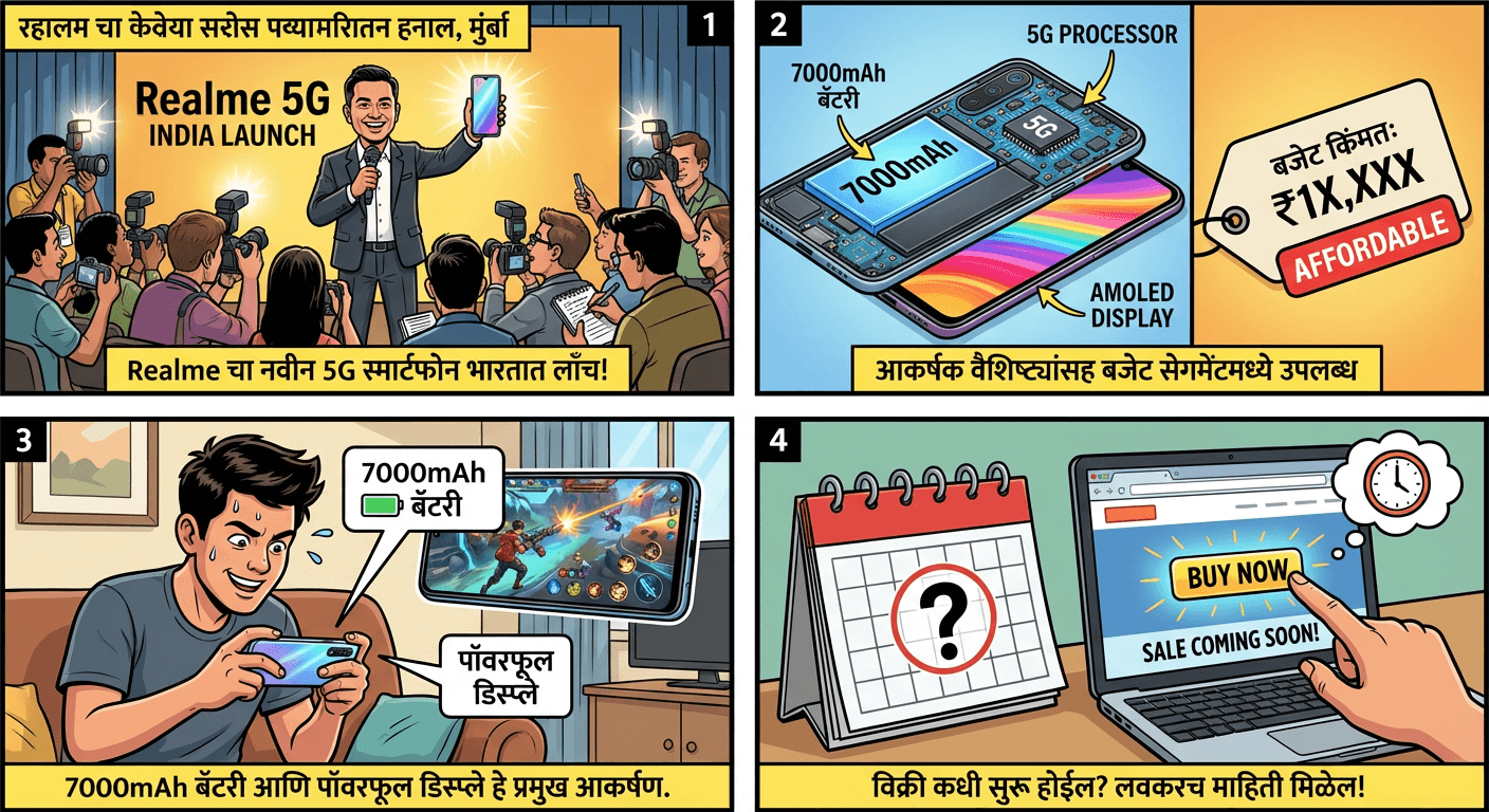 Realme चा नवीन 5G स्मार्टफोन भारतात लाँच! | आकर्षक वैशिष्ट्यांसह बजेट सेगमेंटमध्ये उपलब्ध. | 7000mAh बॅटरी आणि पॉवरफूल डिस्प्ले हे प्रमुख आकर्षण. | विक्री कधी सुरू होईल? लवकरच माहिती मिळेल!