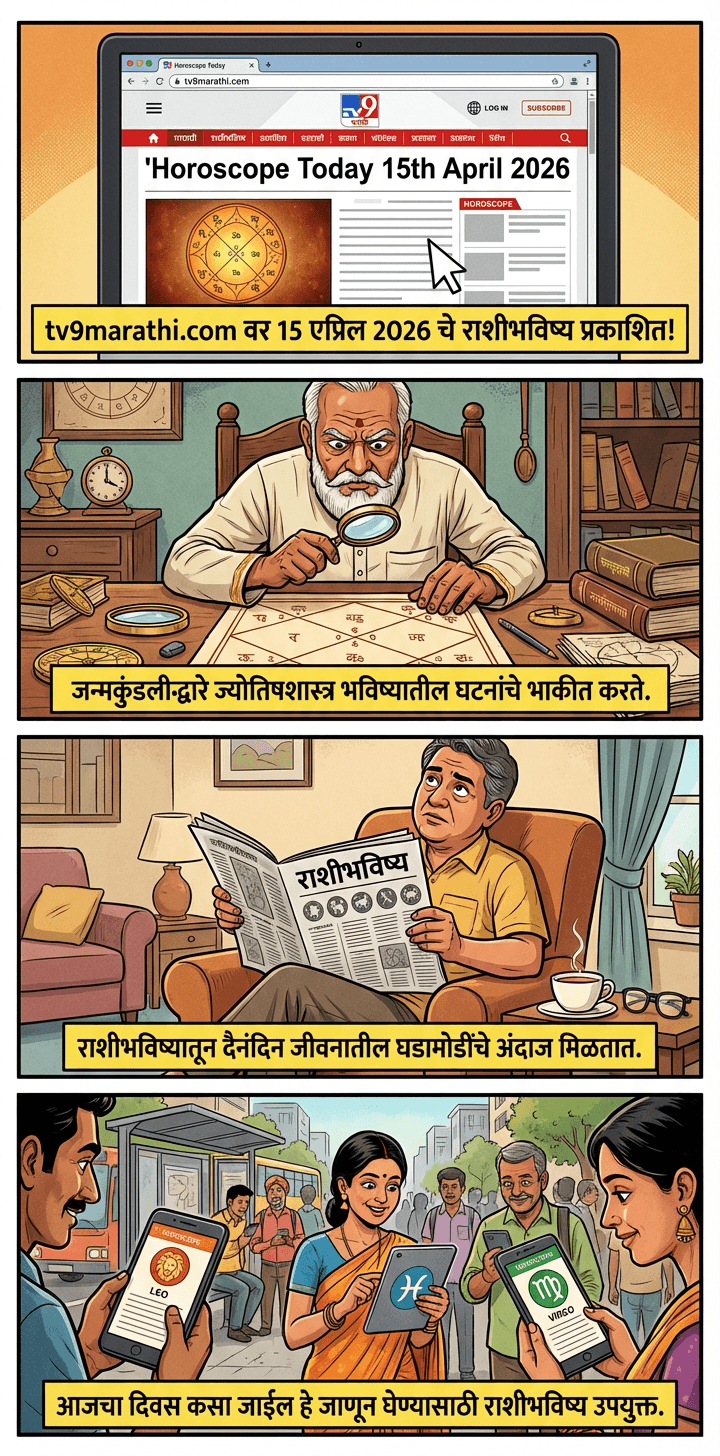 tv9marathi.com वर 15 एप्रिल 2026 चे राशीभविष्य प्रकाशित! | जन्मकुंडलीद्वारे ज्योतिषशास्त्र भविष्यातील घटनांचे भाकीत करते. | राशीभविष्यातून दैनंदिन जीवनातील घडामोडींचे अंदाज मिळतात. | आजचा दिवस कसा जाईल हे जाणून घेण्यासाठी राशीभविष्य उपयुक्त.
