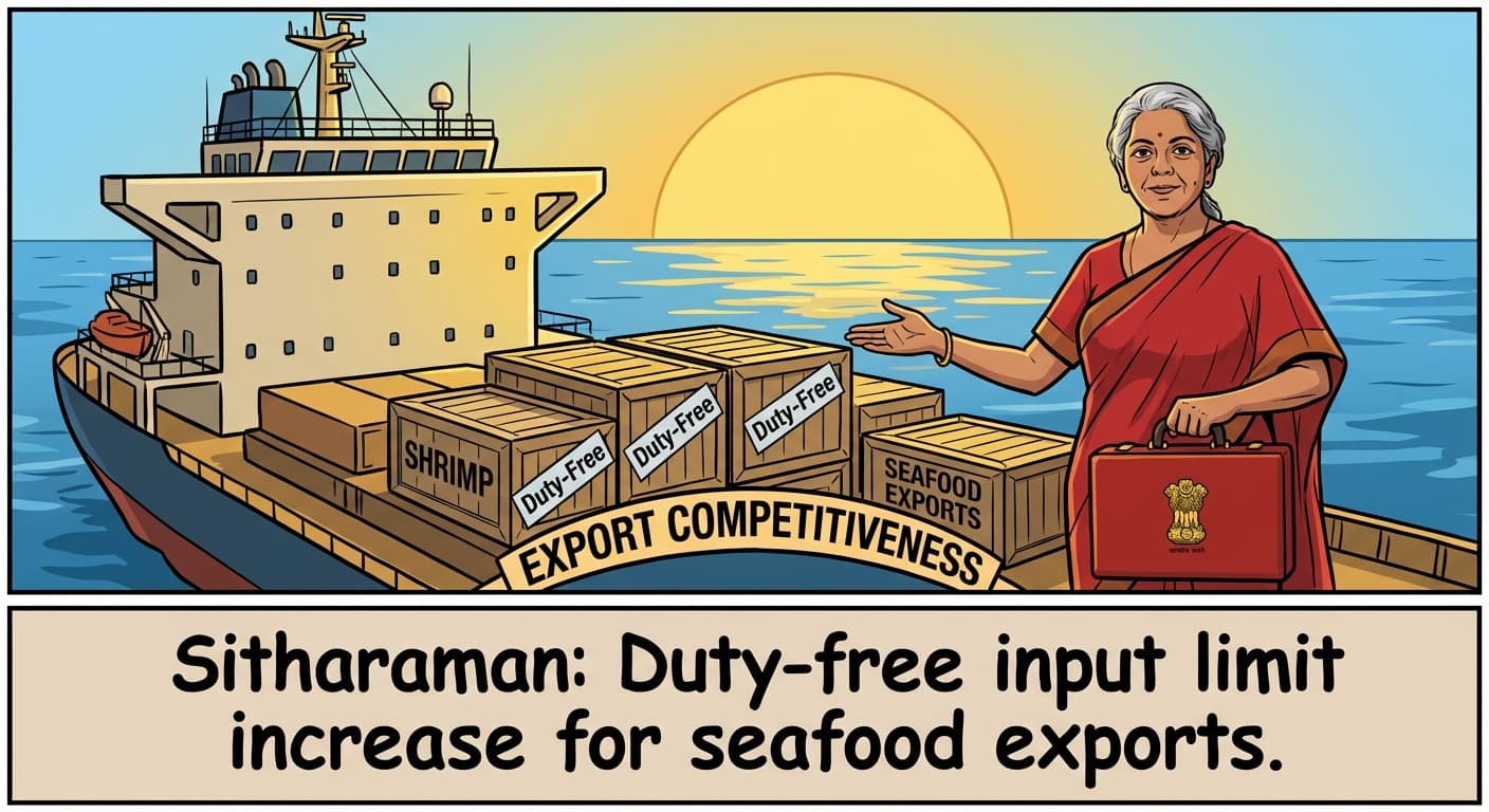 Sitharaman: Duty-free input limit increase for seafood exports.