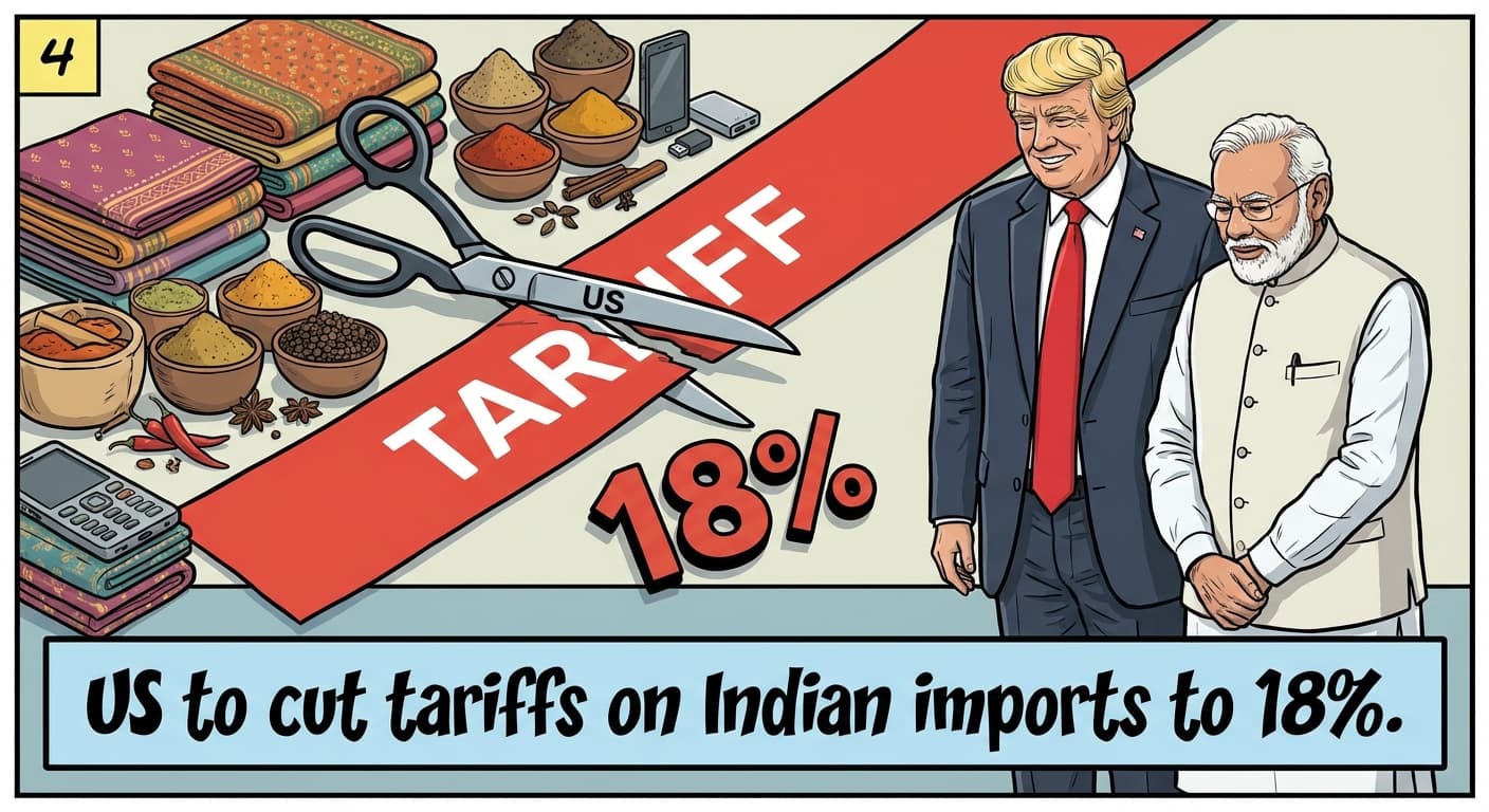 US to cut tariffs on Indian imports to 18%.